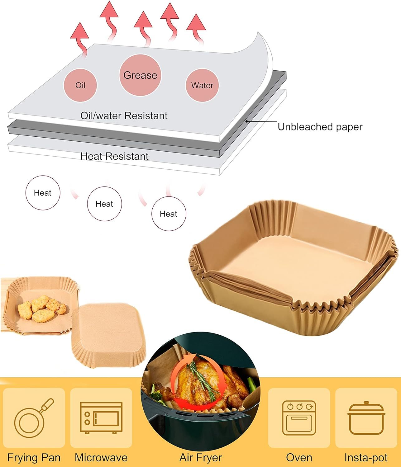 50pcs Homestreadhues™ Air Fryer Liner, Baking Disposable Homestreadhues™ Air Fryer Parchment Paper, Multipurpose Oil-absorbing Paper Tray